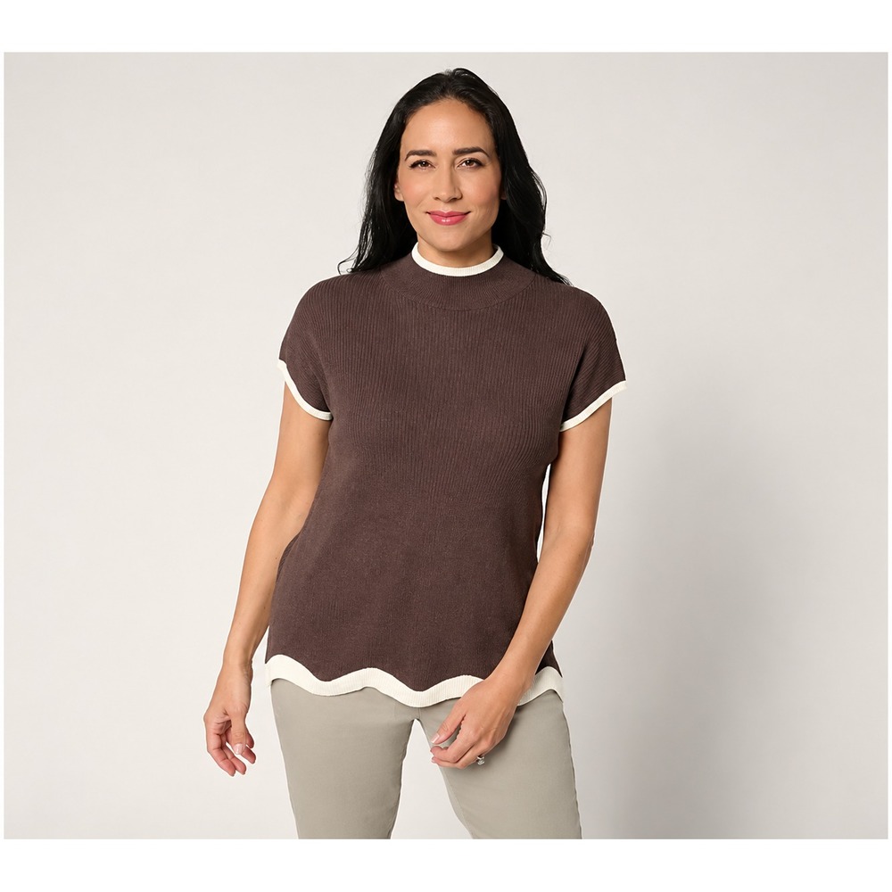 Belle by Kim Gravel Contrast Trim Mock Neck Sweater French Chocolate, X-Large
